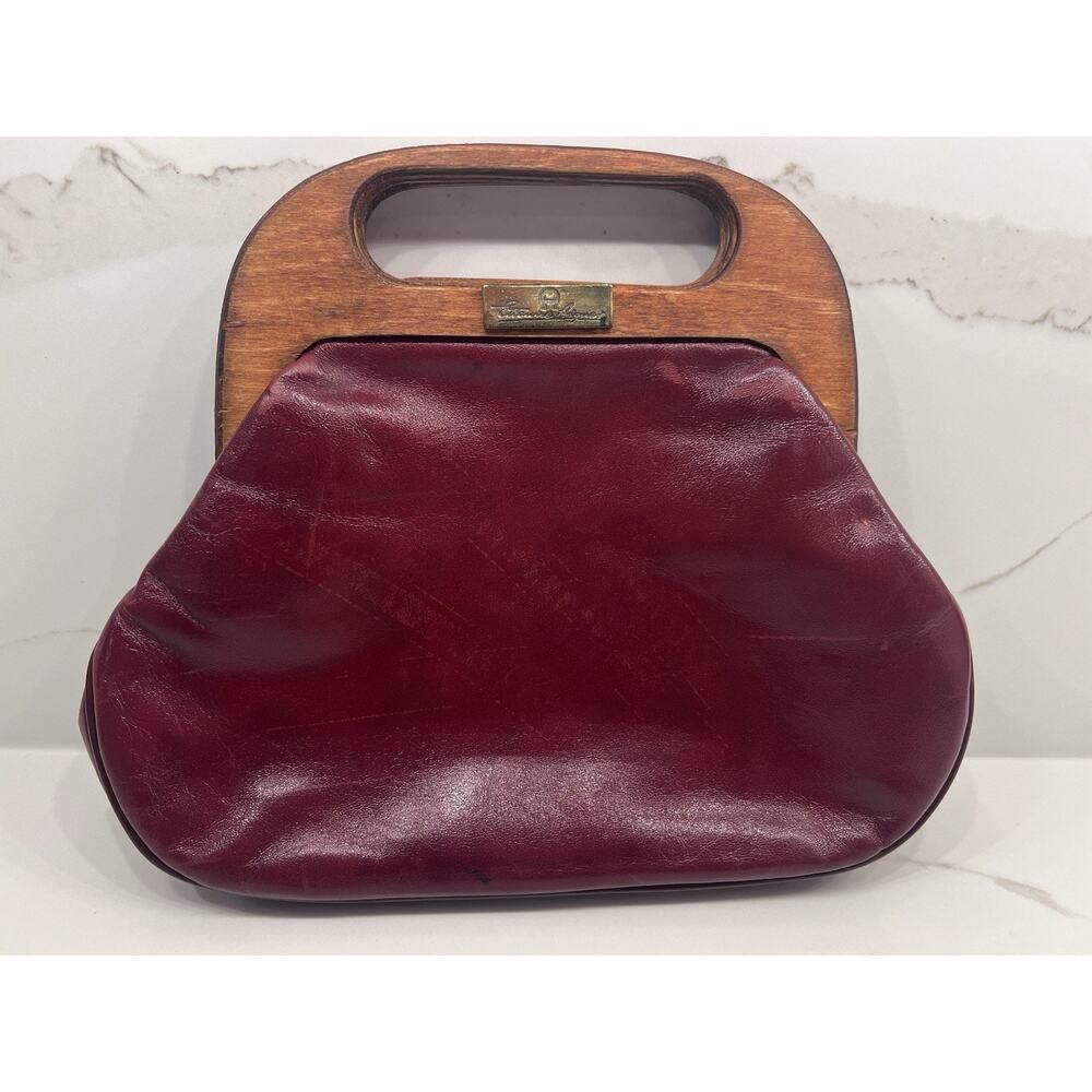 Vintage 70s ETIENNE AIGNER Leather Clutch Bag Handbag Wood Top Handle Retro Rare